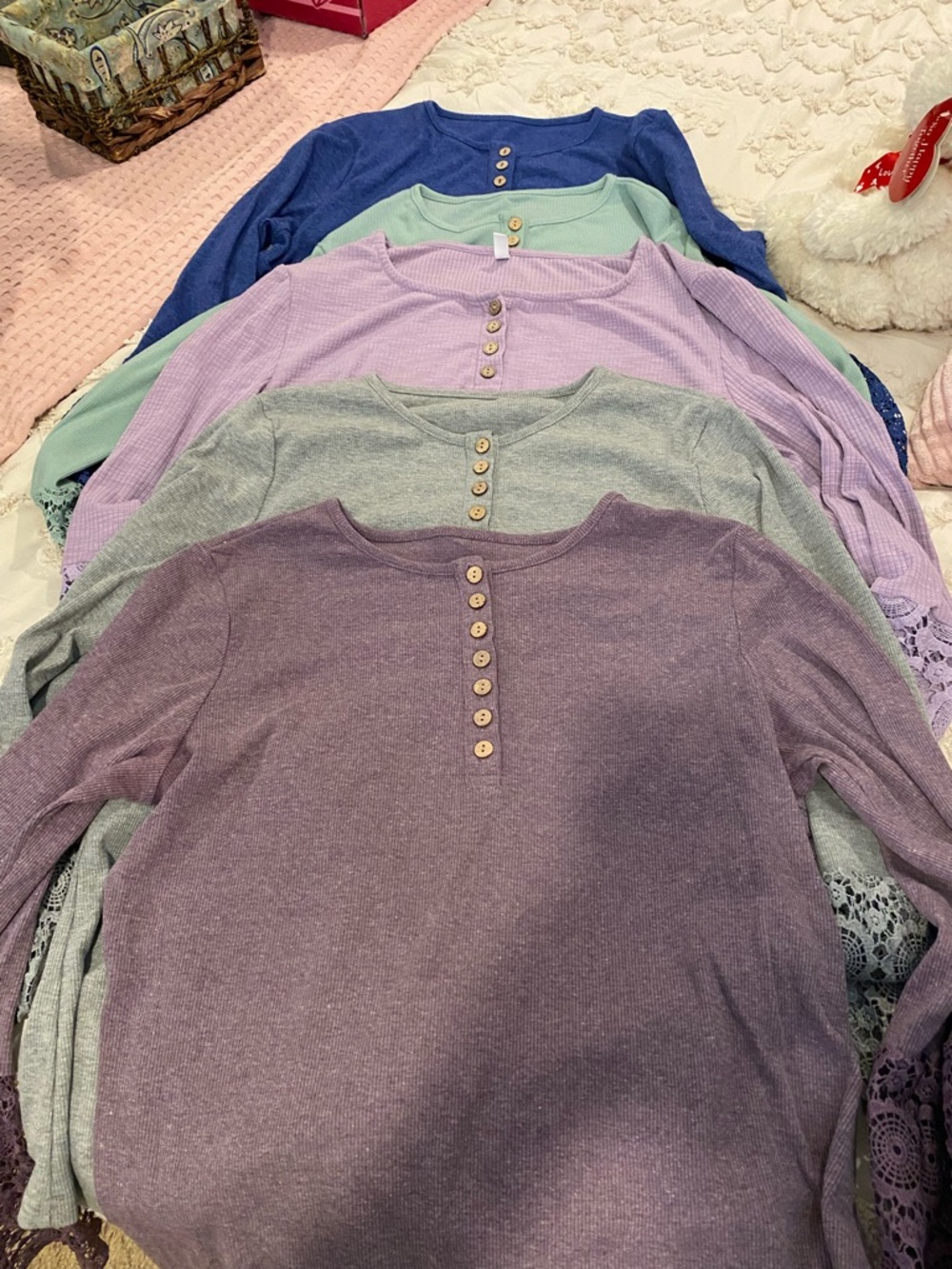 Button Henley Long Sleeve Top - Lavender, Gray, Mint, Lilac, Blue